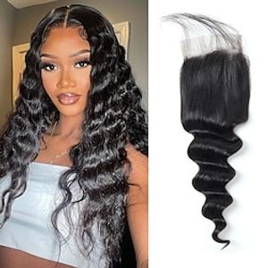 Loose Deep Wave Closure Brazilian Human Hair 4x4 Lace Closure Pre-Plucked with Baby Hair Natural Color Closures Only Lightinthebox