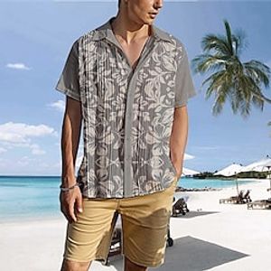 Men's Linen Shirt Turndown Summer Short Sleeve White Blue Khaki Flower Casual Daily Clothing Apparel Print Lightinthebox