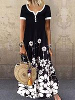 Round Neck Patch Pocket Floral Printed Maxi Dress - thumbnail