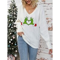Women's Pullover Sweater Jumper V Neck Ribbed Knit Print Fall Winter Regular Christmas Soft Long Sleeve Animal White Light Green S M L Lightinthebox - thumbnail