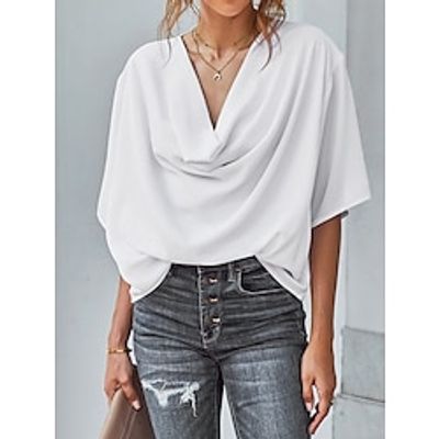 Shirt Blouse Women's Black White Wine Solid Color Ruched Street Daily Fashion V Neck S Lightinthebox