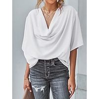 Shirt Blouse Women's Black White Wine Solid Color Ruched Street Daily Fashion V Neck S Lightinthebox