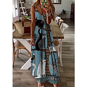 Women's A Line Dress Maxi long Dress Blue Sleeveless Cat Animal Print Spring Summer V Neck Casual 2021 S M L XL XXL 3XL Lightinthebox