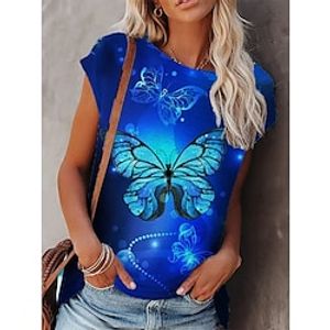 Women's T shirt Tee Blue Butterfly Print Sleeveless Casual Daily Basic Round Neck Regular S Lightinthebox