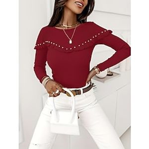 Women's Blouse Black Wine Beaded Long Sleeve Casual Holiday Fashion Casual Round Neck Slim Fall  Winter Lightinthebox