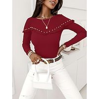 Women's Blouse Black Wine Beaded Long Sleeve Casual Holiday Fashion Casual Round Neck Slim Fall  Winter Lightinthebox - thumbnail