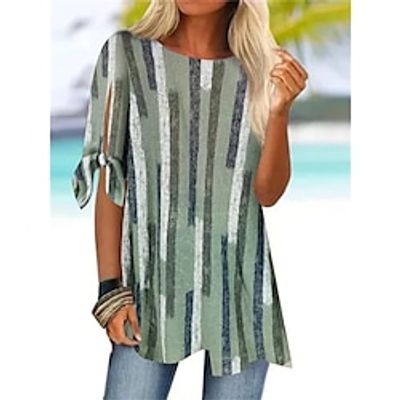 Women's T shirt Tee Green Striped Cut Out Print Short Sleeve Casual Streetwear Round Neck Long S Lightinthebox