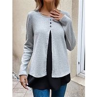 Women's Shirt Blouse Plain Gray Button Long Sleeve Casual Fashion Round Neck Regular Fit Fall  Winter Lightinthebox - thumbnail