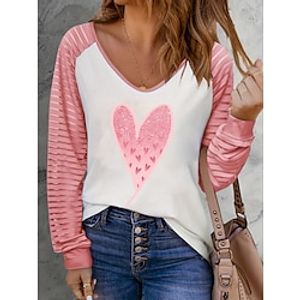 Women's T shirt Tee Heart Pink Print Long Sleeve Valentine's Day Casual Going out Fashion V Neck Regular Fit Spring   Fall Lightinthebox