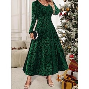 Women's Plus Size Velvet Dress Christmas Party Dress Cocktail Dress Midi Dress Black Wine Blue Long Sleeve Floral Jacquard Fall Winter Autumn V Neck Fashion Winter Dress Christmas M Lightinthebox
