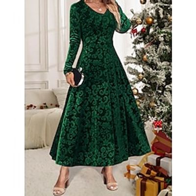 Women's Plus Size Velvet Dress Christmas Party Dress Cocktail Dress Midi Dress Black Wine Blue Long Sleeve Floral Jacquard Fall Winter Autumn V Neck Fashion Winter Dress Christmas M Lightinthebox