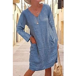 Women's Linen Dress Shift Dress Knee Length Dress Black Yellow Khaki Long Sleeve Pure Color Winter Fall V Neck Basic Winter Dress Weekend Fall Dress Loose Fit 2023 S M L XL XXL 3XL 4XL 5XL miniinthebox