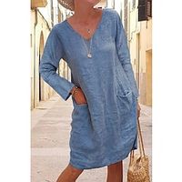Women's Linen Dress Shift Dress Knee Length Dress Black Yellow Khaki Long Sleeve Pure Color Winter Fall V Neck Basic Winter Dress Weekend Fall Dress Loose Fit 2023 S M L XL XXL 3XL 4XL 5XL miniinthebox - thumbnail