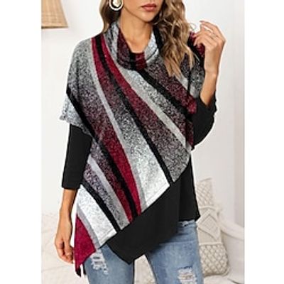 Women's T shirt Tee Red Striped Print Long Sleeve Daily Weekend Basic Pile Neck Regular Painting S Lightinthebox