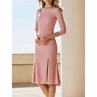 Sheath  Column Mother of the Bride Dress Simple Petite Scoop Neck Knee Length Stretch Chiffon 34 Length Sleeve with Pleats Solid Color 2023 Lightinthebox - thumbnail