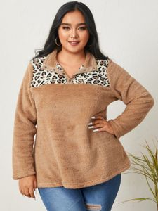 YOINS Plus Size Lapel Collar Patchwork Leopard Long Sleeves Sweatshirt