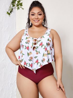 Plus Size Floral Print Backless Design Criss-cross Sleeveless Tankini Plus Size Floral Print Backless Design Criss-cross Sleeveless Tankini