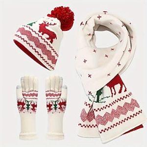 3 PCS Christmas Accessories Set Women's Knitted Hat Scarf Glove Three Piece Set Christmas Gifts Outdoor Thickened and Warm Wool Ball Woolen Hat Set miniinthebox