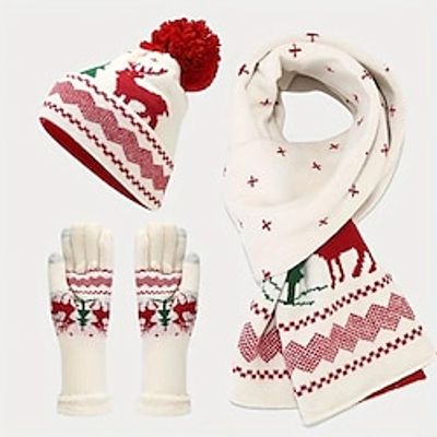 3 PCS Christmas Accessories Set Women's Knitted Hat Scarf Glove Three Piece Set Christmas Gifts Outdoor Thickened and Warm Wool Ball Woolen Hat Set Lightinthebox