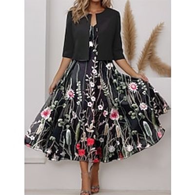 Women's Two Piece Dress Set Casual Dress Chiffon Dress Valentine's Day Weekend Elegant Print Midi Dress V Neck Half Sleeve Floral Regular Fit Black Blue Spring S M L XL XXL Lightinthebox