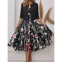 Women's Two Piece Dress Set Casual Dress Chiffon Dress Valentine's Day Weekend Elegant Print Midi Dress V Neck Half Sleeve Floral Regular Fit Black Blue Spring S M L XL XXL Lightinthebox - thumbnail