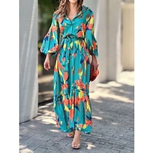 Women's Casual Dress Swing Dress Color Block Print Lace up Shirt Collar Lantern Sleeve Long Dress Maxi Dress Streetwear Maxi Street Holiday Long Sleeve Loose Fit Green Summer Spring S M L XL Lightinthebox