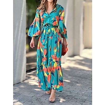 Women's Casual Dress Swing Dress Color Block Print Lace up Shirt Collar Lantern Sleeve Long Dress Maxi Dress Streetwear Maxi Street Holiday Long Sleeve Loose Fit Green Summer Spring S M L XL Lightinthebox