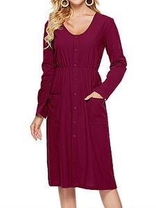 Solid Color Button Pocket Long Sleeve Dress