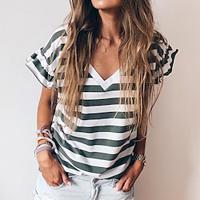 Women's T shirt Tee Striped Daily Weekend Print Green Short Sleeve Fashion V Neck Summer Lightinthebox