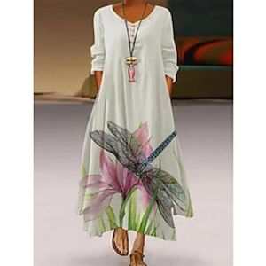Women's Long Dress Maxi Dress Casual Dress Swing Dress Animal Flower Casual Outdoor Daily Weekend Pocket Print Long Sleeve V Neck Dress Loose Fit Yellow Beige Gray Fall Spring S M L XL XXL Lightinthebox
