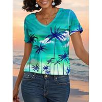 Women's T shirt Tee Plants Vacation Print Green Short Sleeve Hawaiian V Neck Summer Lightinthebox