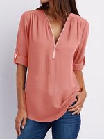 V Neck Zipper Patchwork Plain Blouses