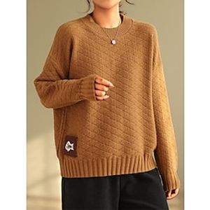 Women's Pullover Sweater Jumper Crew Neck Ribbed Knit Polyester Knitted Fall Winter Regular Outdoor Daily Going out Vintage Fashion Casual Long Sleeve Solid Color Black Yellow Coffee One-Size miniinthebox