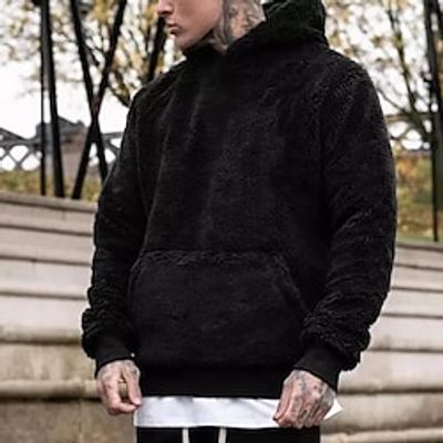 Men's Pullover Hoodie Sweatshirt Teddy Coat Black Purple Khaki Hooded Solid Color Drawstring Sports  Outdoor Casual Sports non-printing Basic Streetwear Sportswear Winter Fall Clothing Apparel miniinthebox