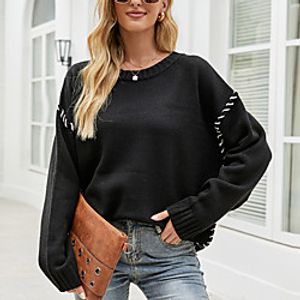 Women's Pullover Sweater Knitted Solid Color Stylish Long Sleeve Sweater Cardigans Crew Neck Fall Winter White Black / Going out miniinthebox