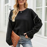 Women's Pullover Sweater Knitted Solid Color Stylish Long Sleeve Sweater Cardigans Crew Neck Fall Winter White Black / Going out miniinthebox - thumbnail