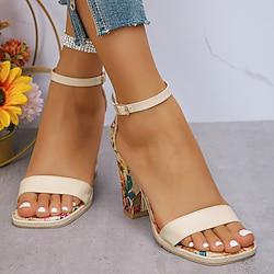 Women's Sandals Print Shoes Dress Shoes Daily Beach Floral Flower Block Heel Chunky Heel Square Toe Elegant Fashion PU Ankle Strap Beige Lightinthebox