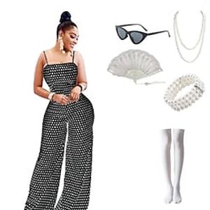Women's 6 Pcs 1950s Jumpsuits  Rompers With Cat Eyes Sunglasses Feather Fans Pearl Necklace Bracelet Socks Polka Dots Wide Legs Spaghetti Strips Daily Wear Lightinthebox
