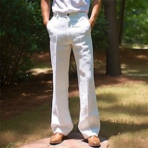 Men's Linen Pants Flared Pants Trousers Summer Pants Button Front Pocket Plain Comfort Breathable Casual Daily Holiday Linen Cotton Blend Fashion Basic White Lightinthebox