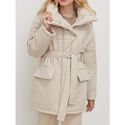 Women's Parka Belted Puffer Jacket Thicken Winter Coat with Hood Thermal Warm Windproof Heated Coat Fall Outerwear Long Sleeve Black Gray Beidge Lightinthebox