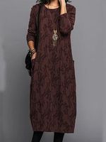 Vintage Print Crew Neck Long Sleeve Pocket Midi Dress - thumbnail