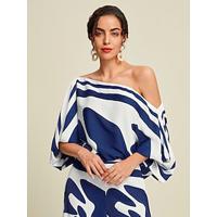 Satin Abstract Puff Sleeve Bateau Blouse - thumbnail