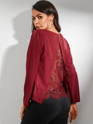 YOINS Burgundy Lace Backless Patchwork Shirt YOINS Burgundy Lace Backless Patchwork Shirt