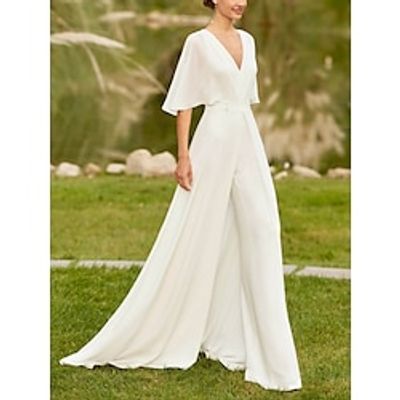 Casual Wedding Dresses Jumpsuits V Neck Half Sleeve Sweep  Brush Train Chiffon Bridal Gowns With Pleats Solid Color 2023 Lightinthebox