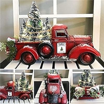 Red Farm Truck Christmas Centerpiece 2023 Farmhouse Old Red Pickup Truck with Christmas Tree Light Up for Christmas Decoration Holidays Home Furnishing Decoration Christmas Truck Lightinthebox