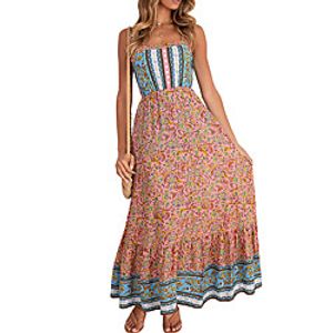 Women's Strap Dress Maxi long Dress Green Brown Sleeveless Floral Print Print Summer Boat Neck Elegant 2021 S M L XL Lightinthebox