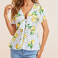 Women's Floral Theme Painting T shirt Polka Dot Fruit Bow Print V Neck Basic Fashion Tops White / 3D Print miniinthebox - thumbnail