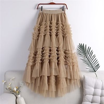 Women's Skirt Tulle Long Skirt Midi Camel Amethyst Apricot Black Skirts Spring  Summer Ruched Elegant Fashion Casual Street Daily One-Size Lightinthebox