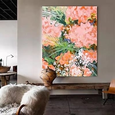 Flower Painting on Canvas Abstract Flower Art Floral Abstract Handpainted Red Pink Oil Painting Pink Flowers Art for Living Room Wall Decor miniinthebox
