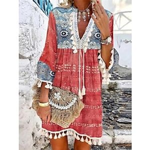 Women's Casual Dress Summer Dress Floral Geometric Tassel Fringe Print Split Neck Mini Dress Bohemia Ethnic Holiday Vacation 34 Length Sleeve Loose Fit White Red Navy Blue Summer S M L XL 2XL Lightinthebox